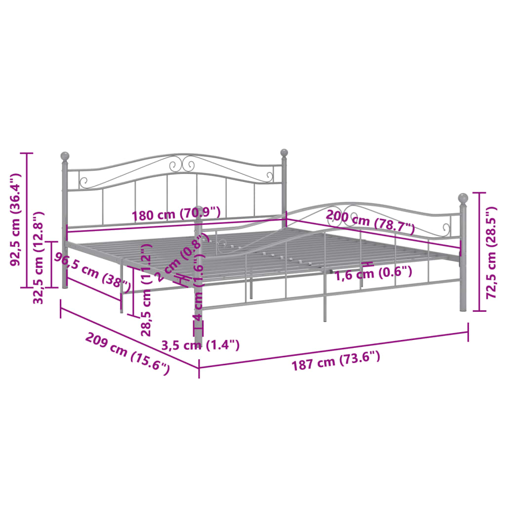 Bedframe Metaal 180 x 200 cm Grijs
