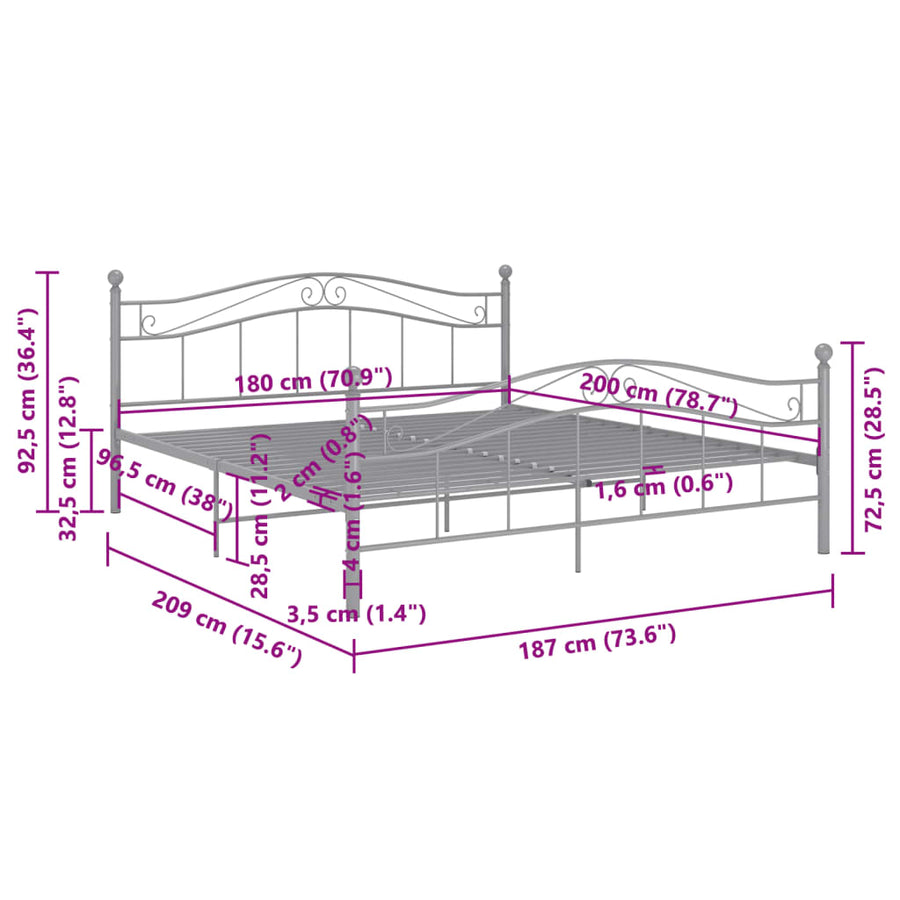 Bedframe Metaal 180 x 200 cm Grijs