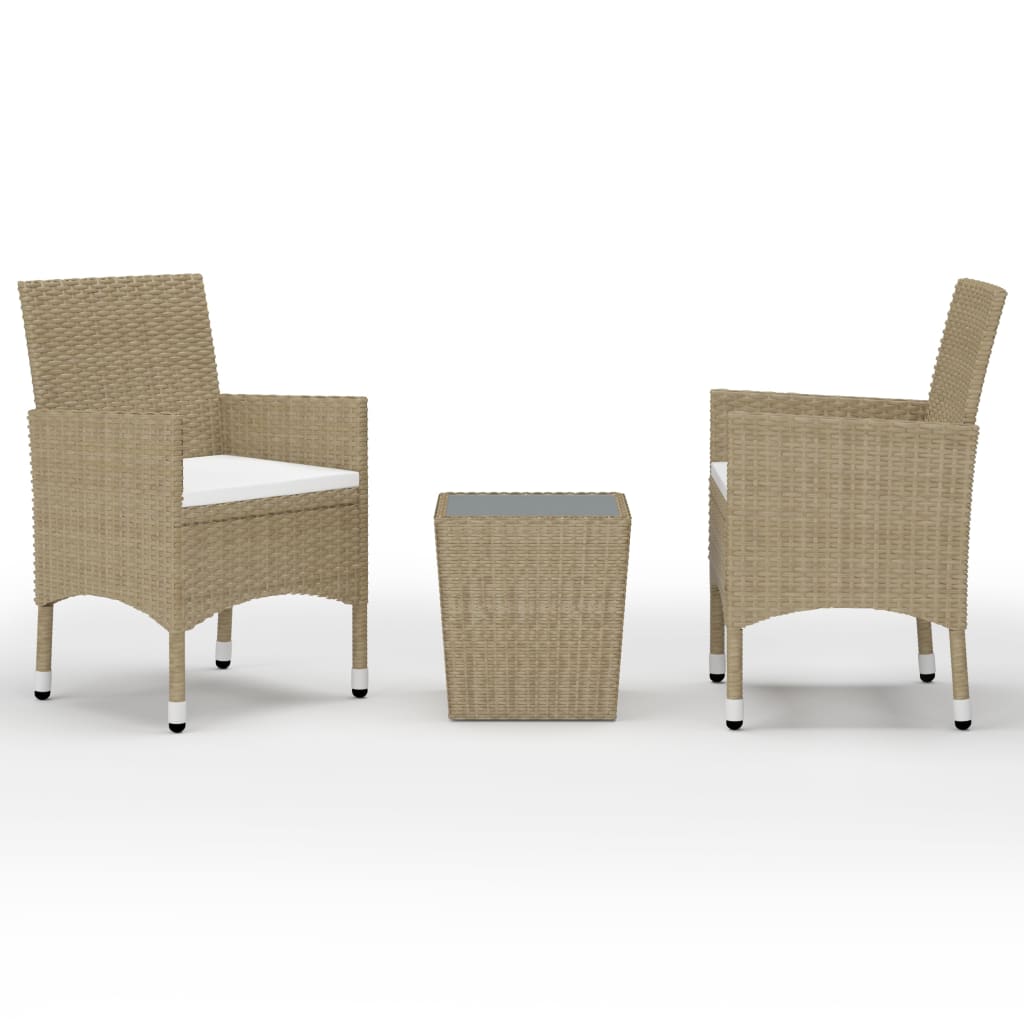 3-Delige Bistroset Poly Rattan En Gehard Glas Beige Zonder voetensteun