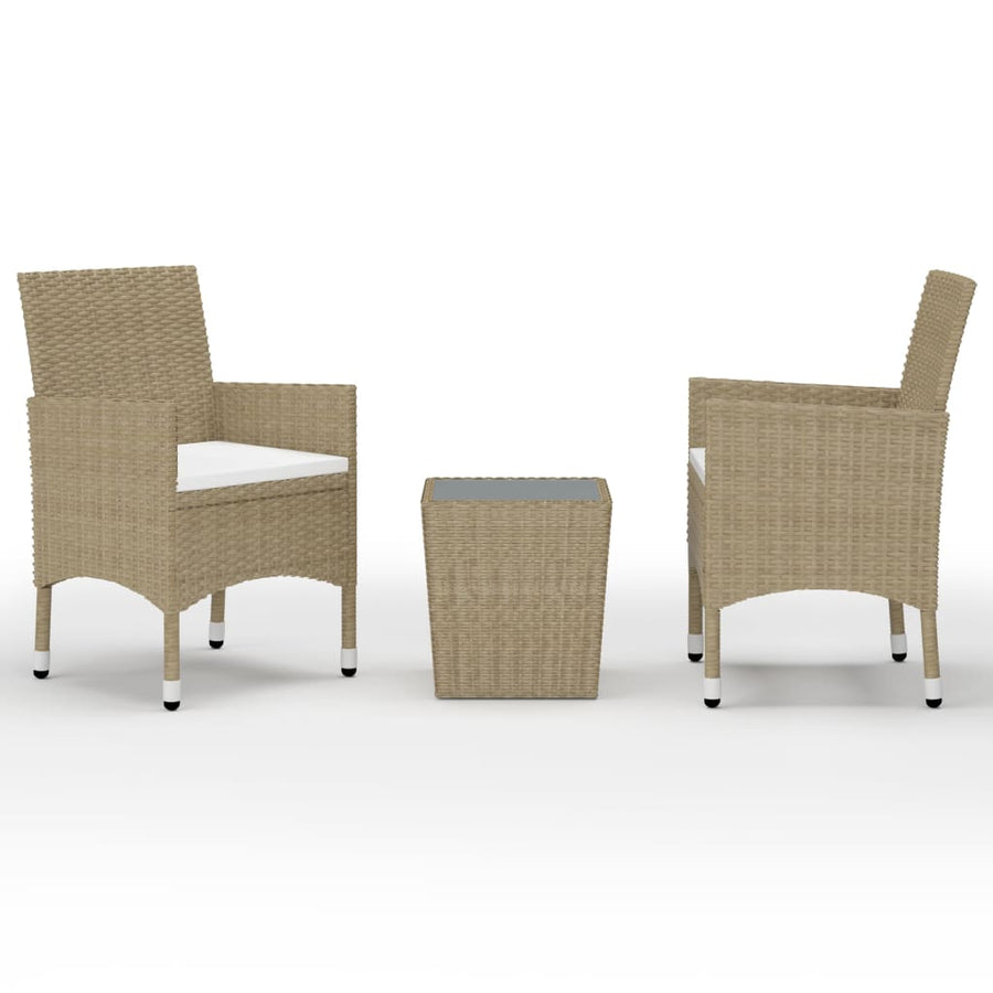 3-Delige Bistroset Poly Rattan En Gehard Glas Beige Zonder voetensteun