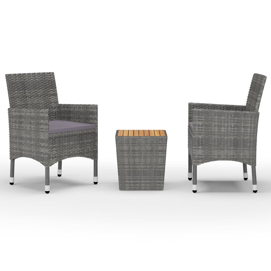 3-Delige Bistroset Poly Rattan En Acaciahout Grijs Zonder voetensteun