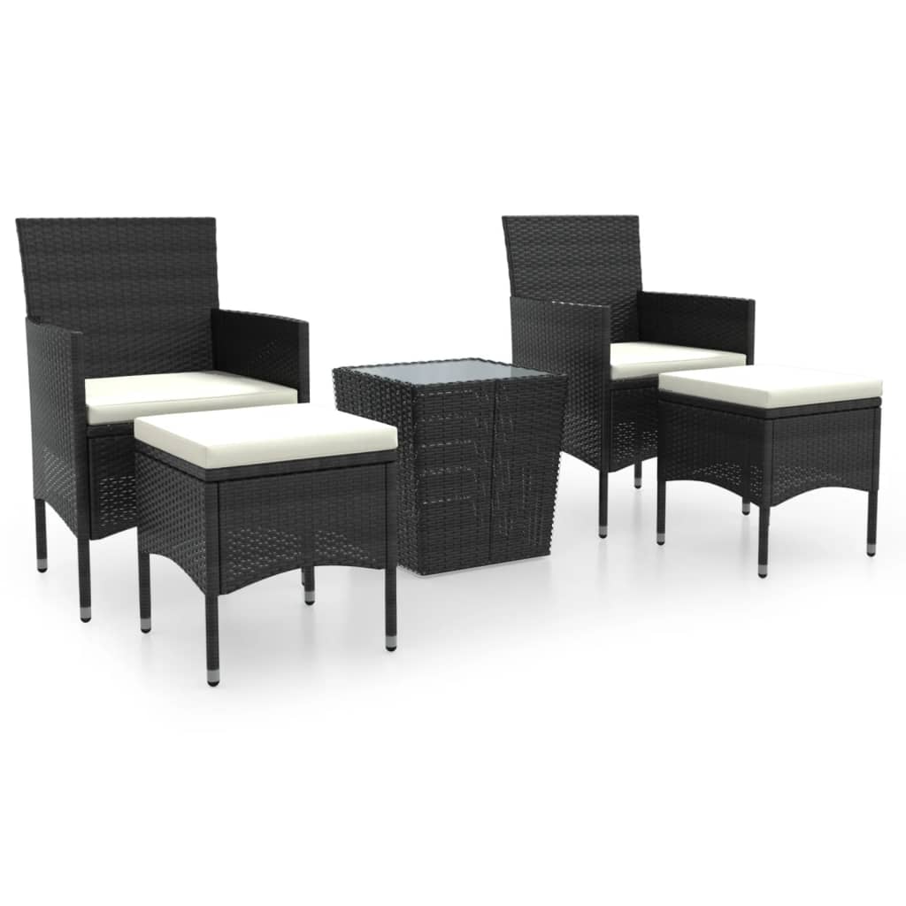 5-delige Bistroset poly rattan en gehard glas zwart