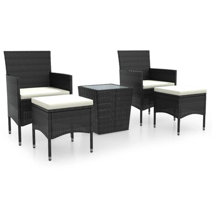 5-delige Bistroset poly rattan en gehard glas zwart