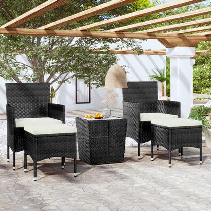 5-delige Bistroset poly rattan en gehard glas zwart