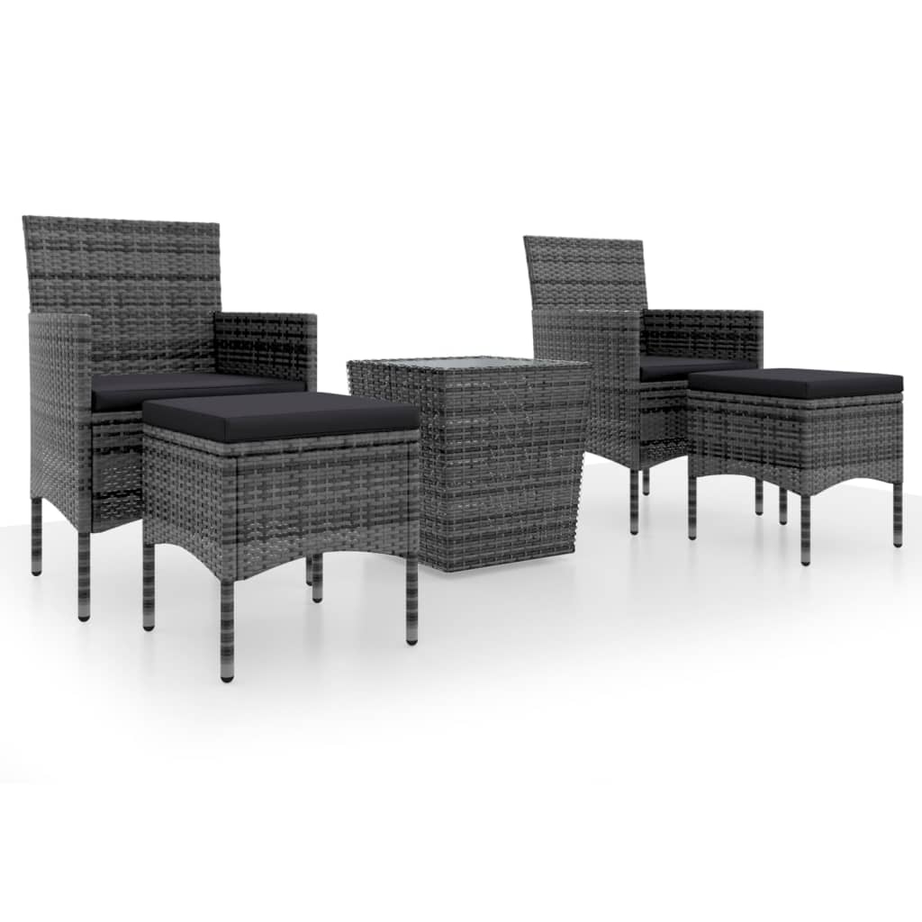 5-Delige Bistroset Poly Rattan En Gehard Glas Grijs Met voetensteun