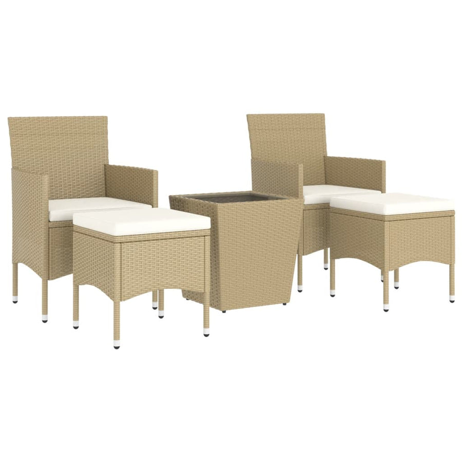 5-Delige Bistroset Poly Rattan En Gehard Glas Beige Met voetensteun
