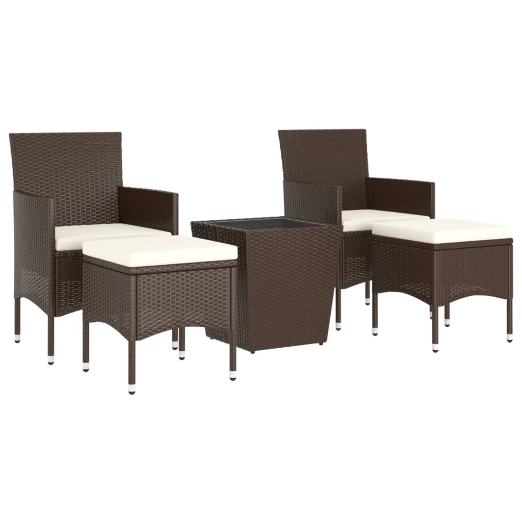 5-Delige Bistroset Poly Rattan En Gehard Glas Bruin Met voetensteun