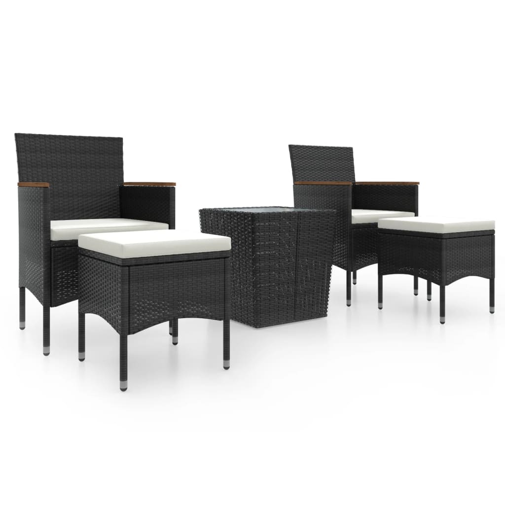 5-Delige Bistroset Poly Rattan En Gehard Glas Zwart en bruin Met voetensteun