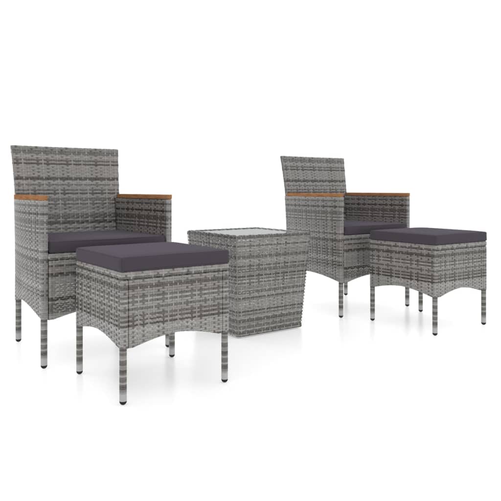 5-Delige Bistroset Poly Rattan En Gehard Glas Grijs en bruin Met voetensteun