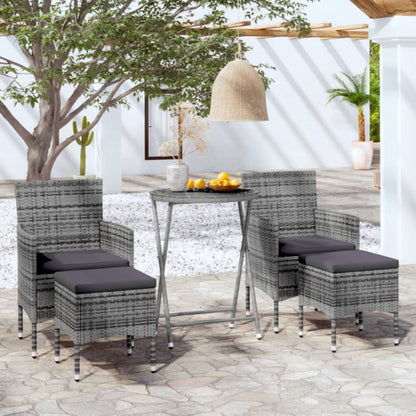 5-Delige Bistroset Poly Rattan En Gehard Glas Grijs Met voetensteun