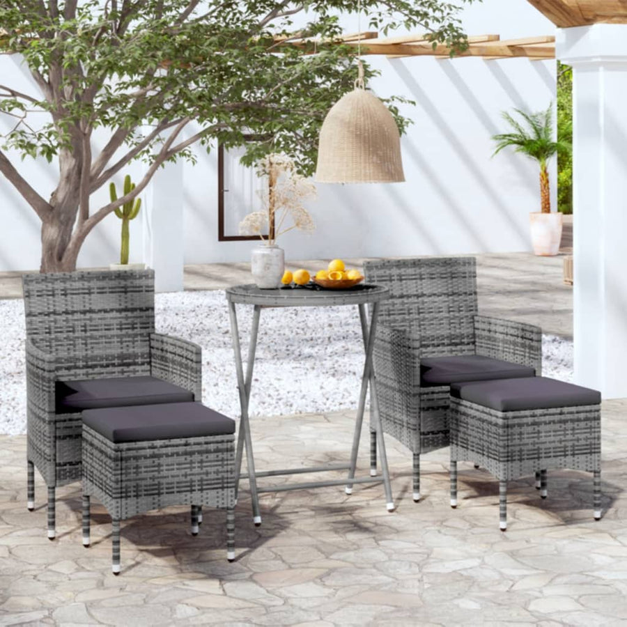 5-Delige Bistroset Poly Rattan En Gehard Glas Grijs Met voetensteun