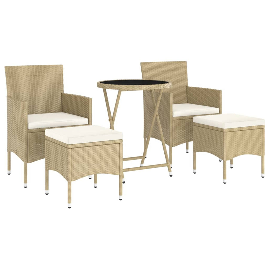 5-Delige Bistroset Poly Rattan En Gehard Glas Beige Met voetensteun