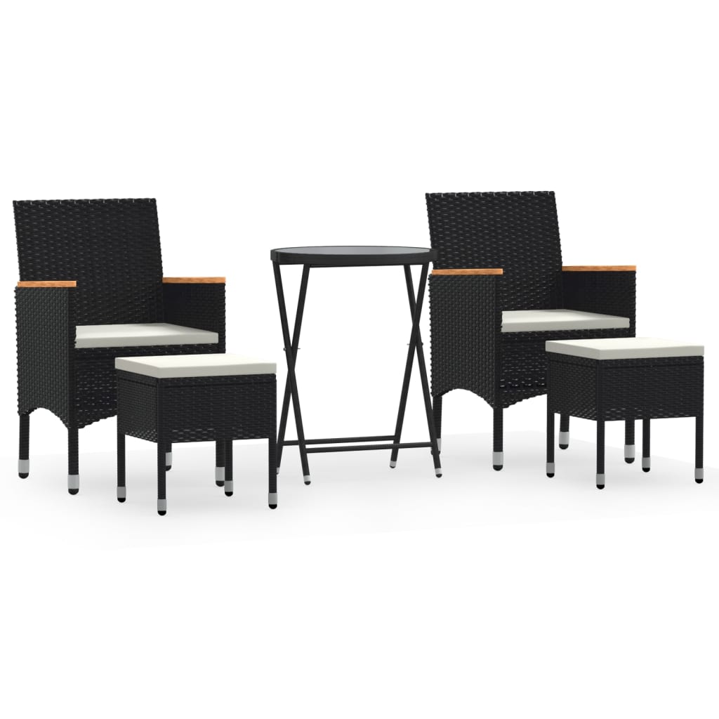 5-Delige Bistroset Poly Rattan En Gehard Glas Zwart en bruin Met voetensteun