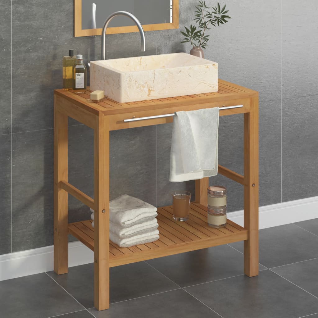 Wastafelkast Met Marmeren Wastafel Massief Teakhout Kleur 74 x 45 x 75 cm
