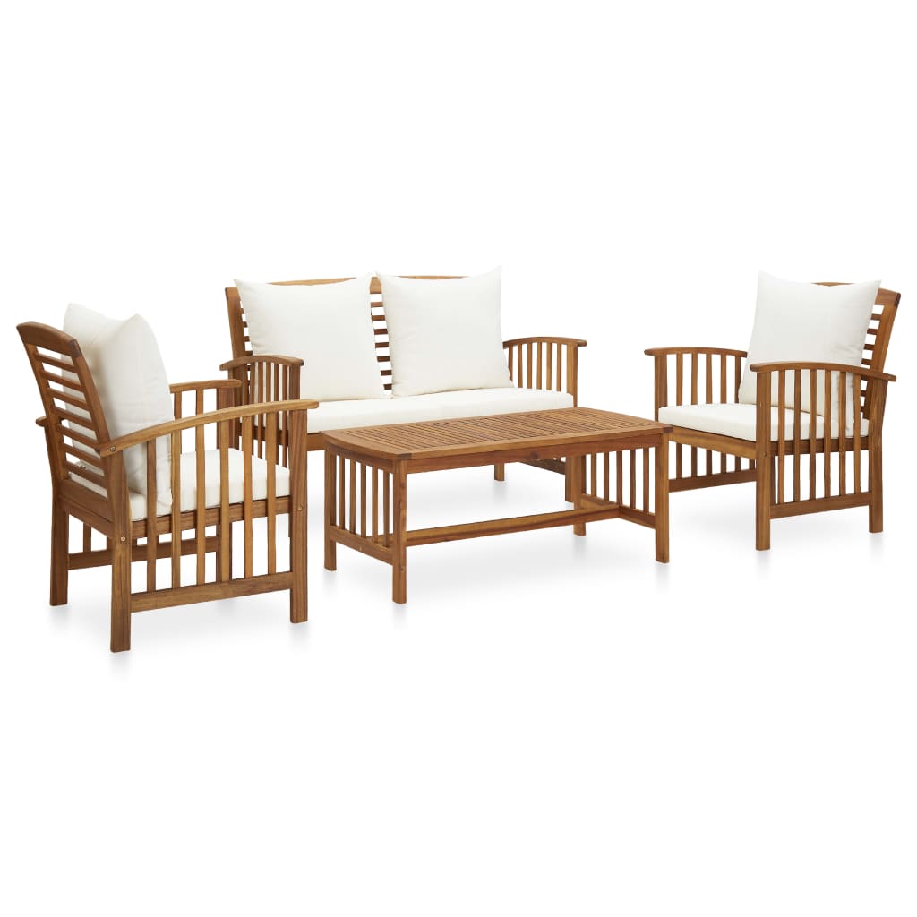 4-Delige Loungeset Met Kussens Massief Acaciahout Wit Bank + 2x Fauteuil + Tafel