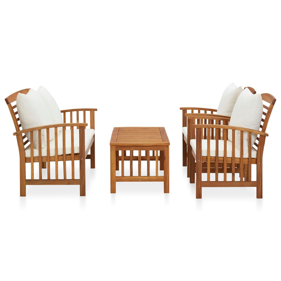 4-Delige Loungeset Met Kussens Massief Acaciahout Wit Bank + 2x Fauteuil + Tafel