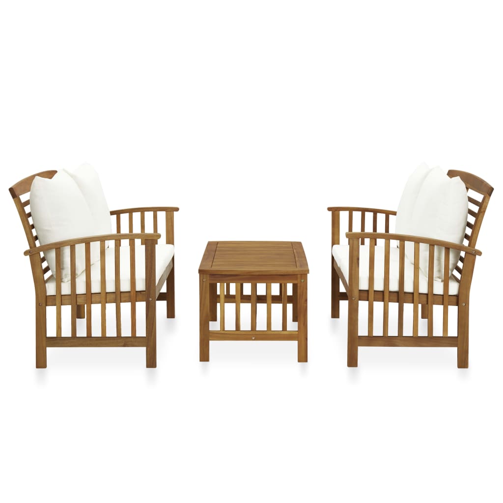 3-Delige Loungeset Met Kussens Massief Acaciahout Wit 2x Bank + Tafel