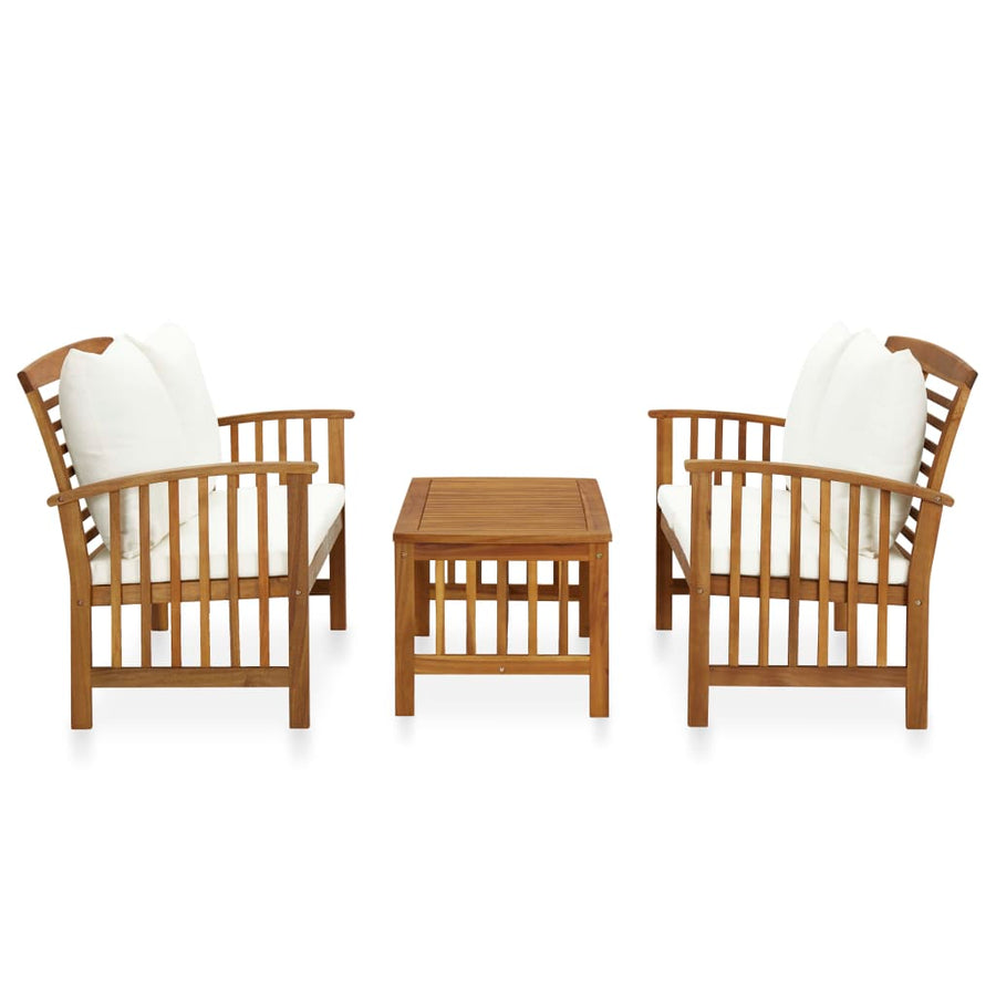 3-Delige Loungeset Met Kussens Massief Acaciahout Wit 2x Bank + Tafel