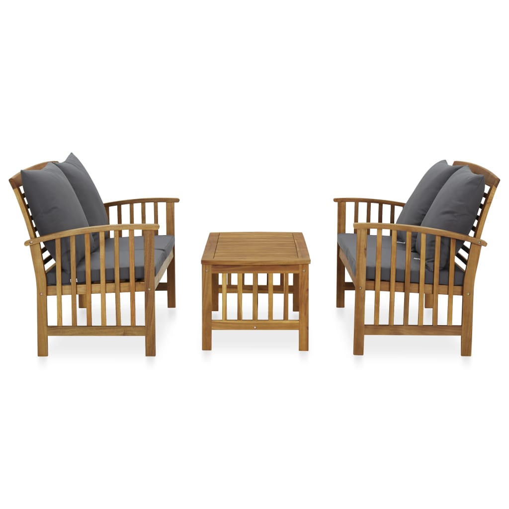 3-Delige Loungeset Met Kussens Massief Acaciahout Grijs 2x Bank + Tafel