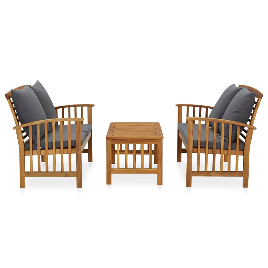 3-Delige Loungeset Met Kussens Massief Acaciahout Grijs 2x Bank + Tafel