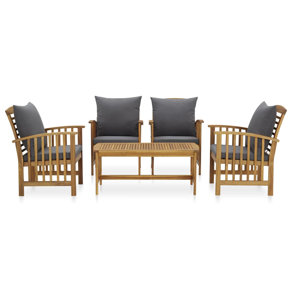 5-Delige Loungeset Met Kussens Massief Acaciahout Grijs 4x Fauteuil + Tafel