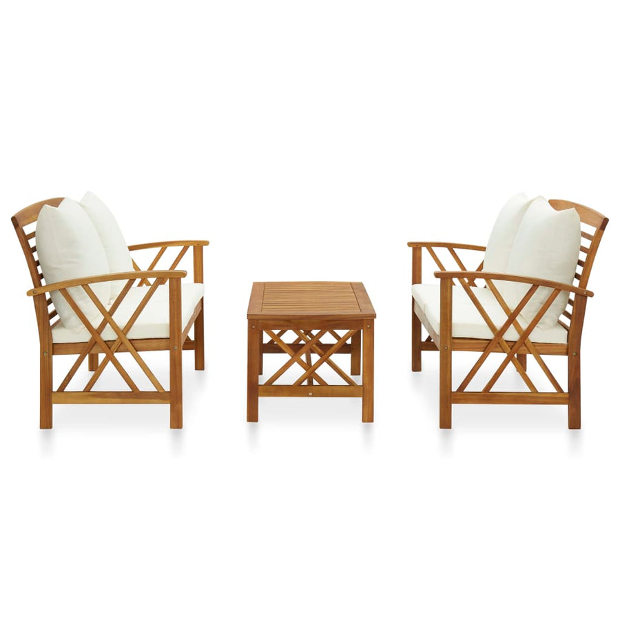 3-Delige Loungeset Met Kussens Massief Acaciahout Wit 2x Bank + Tafel