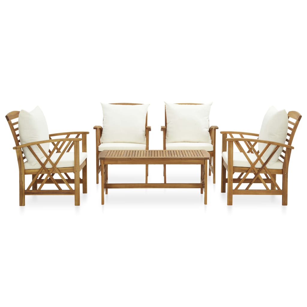 5-Delige Loungeset Met Kussens Massief Acaciahout Wit 4x Fauteuil + Tafel