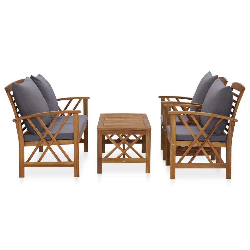 4-Delige Loungeset Met Kussens Massief Acaciahout Grijs Bank + 2x Fauteuil + Tafel