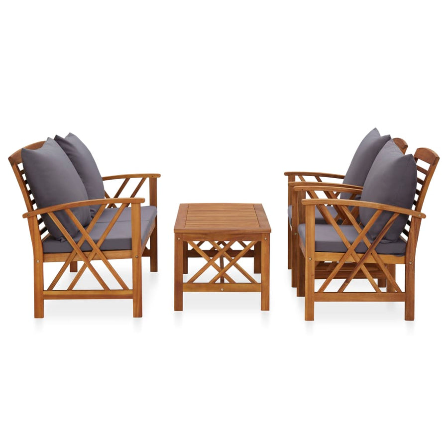 4-Delige Loungeset Met Kussens Massief Acaciahout Grijs Bank + 2x Fauteuil + Tafel