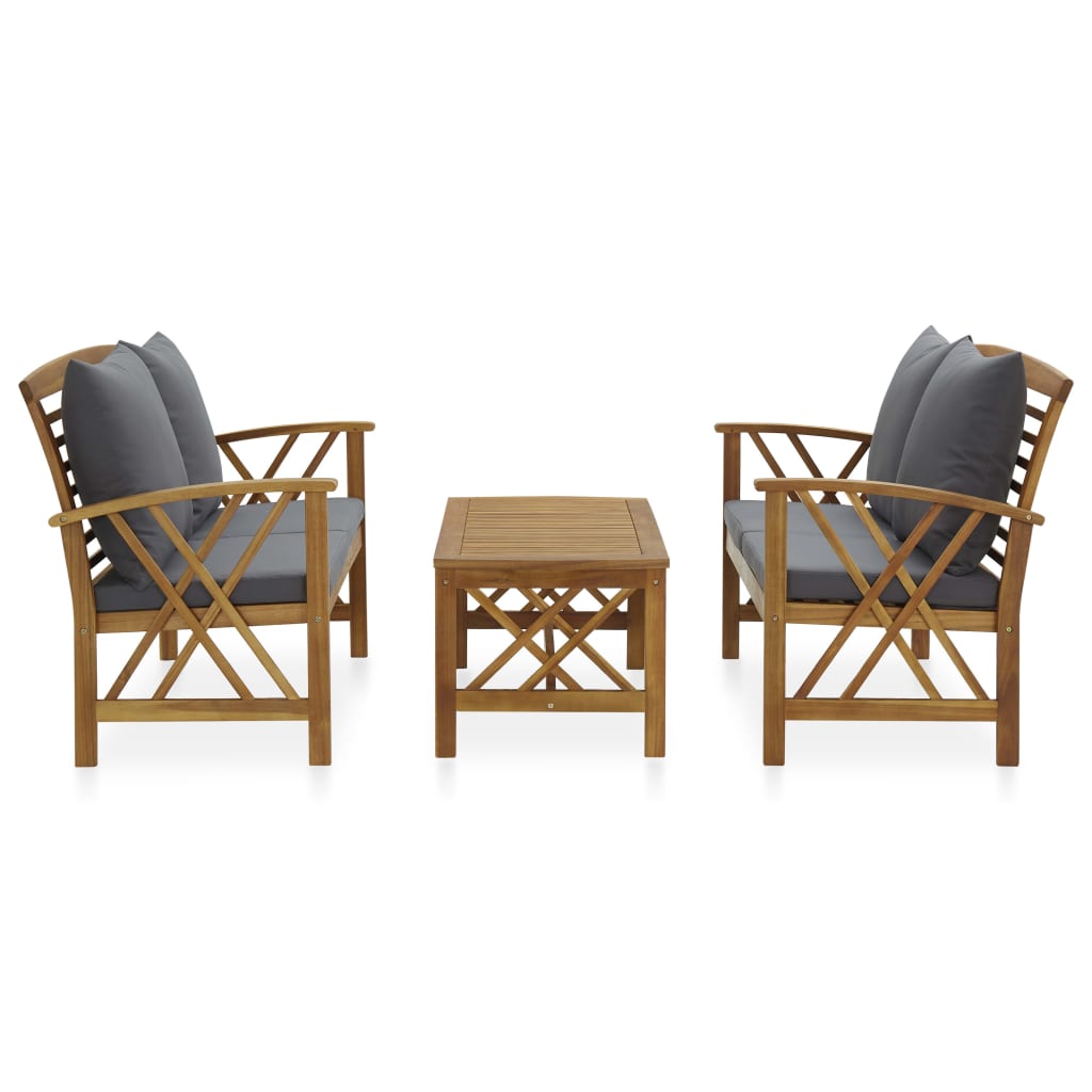 3-Delige Loungeset Met Kussens Massief Acaciahout Grijs 2x Bank + Tafel