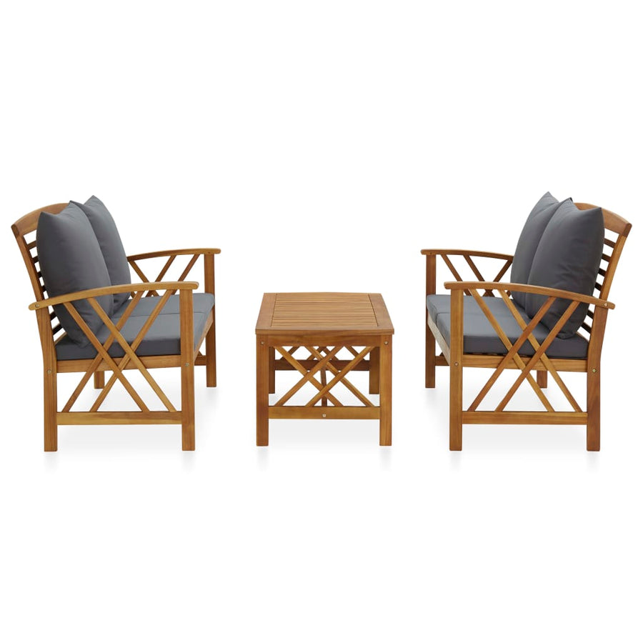 3-Delige Loungeset Met Kussens Massief Acaciahout Grijs 2x Bank + Tafel
