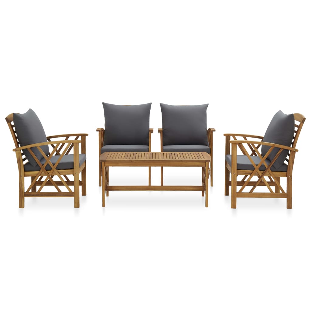 5-Delige Loungeset Met Kussens Massief Acaciahout Grijs 4x Fauteuil + Tafel