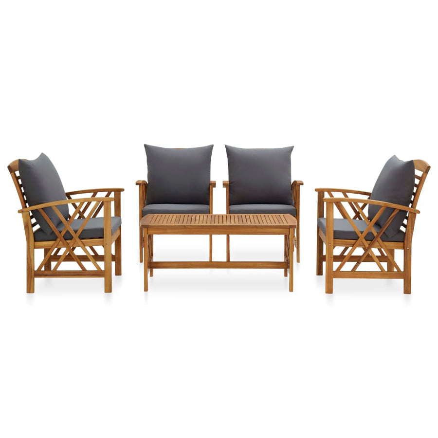 5-Delige Loungeset Met Kussens Massief Acaciahout Grijs 4x Fauteuil + Tafel
