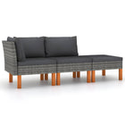 3-Delige Loungeset Poly Rattan En Massief Eucalyptushout Grijs Middenbank + hoekbank + Voetensteun