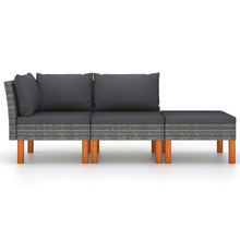 3-Delige Loungeset Poly Rattan En Massief Eucalyptushout Grijs Middenbank + hoekbank + Voetensteun