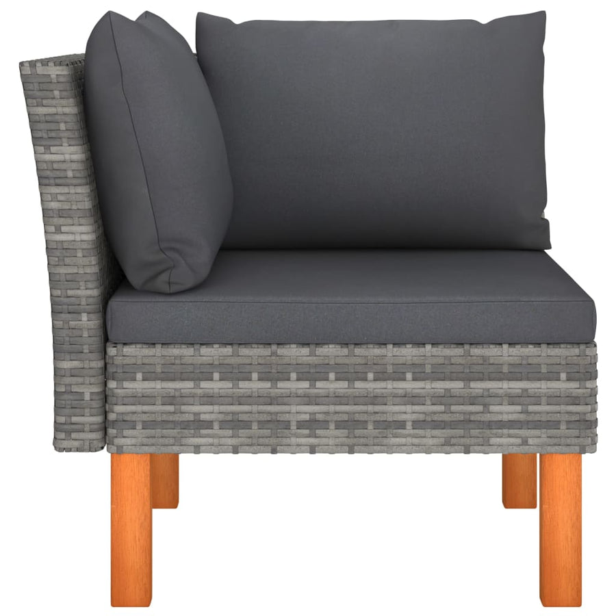 3-Delige Loungeset Poly Rattan En Massief Eucalyptushout Grijs Middenbank + hoekbank + Voetensteun