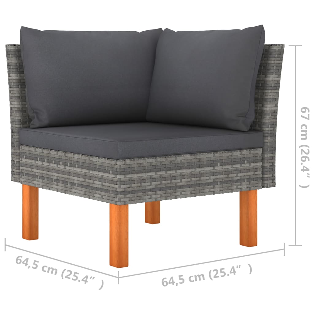 3-Delige Loungeset Poly Rattan En Massief Eucalyptushout Grijs Middenbank + hoekbank + Voetensteun