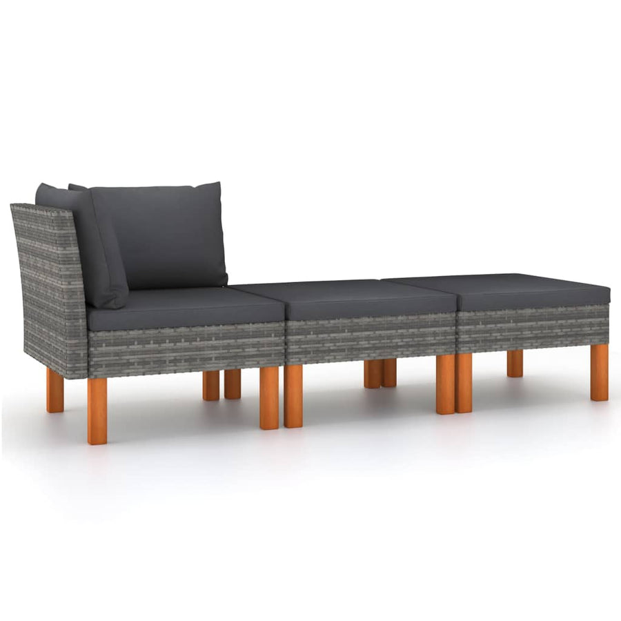 3-Delige Loungeset Poly Rattan En Massief Eucalyptushout Grijs Hoekbank + voetensteun (2 st)