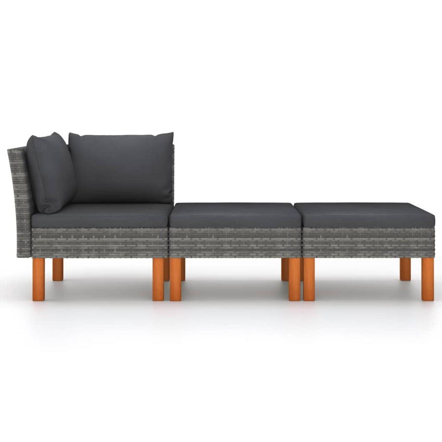 3-Delige Loungeset Poly Rattan En Massief Eucalyptushout Grijs Hoekbank + voetensteun (2 st)