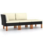 3-Delige Loungeset Poly Rattan En Massief Eucalyptushout Zwart Middenbank + hoekbank + Voetensteun