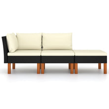 3-Delige Loungeset Poly Rattan En Massief Eucalyptushout Zwart Middenbank + hoekbank + Voetensteun