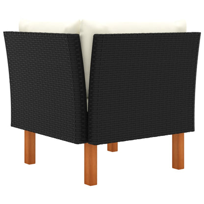 3-Delige Loungeset Poly Rattan En Massief Eucalyptushout Zwart Middenbank + hoekbank + Voetensteun