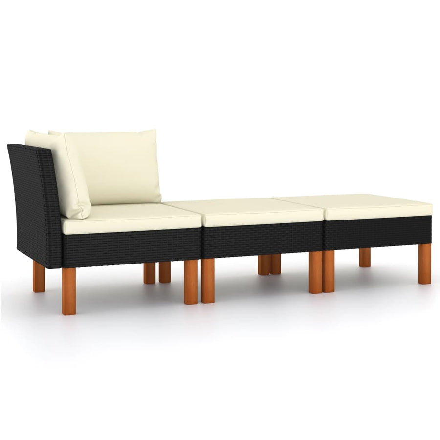 3-Delige Loungeset Poly Rattan En Massief Eucalyptushout Zwart Hoekbank + voetensteun (2 st)