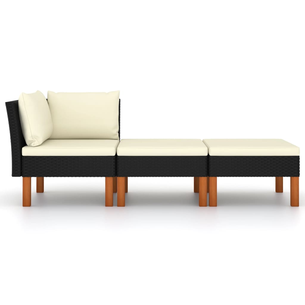 3-Delige Loungeset Poly Rattan En Massief Eucalyptushout Zwart Hoekbank + voetensteun (2 st)