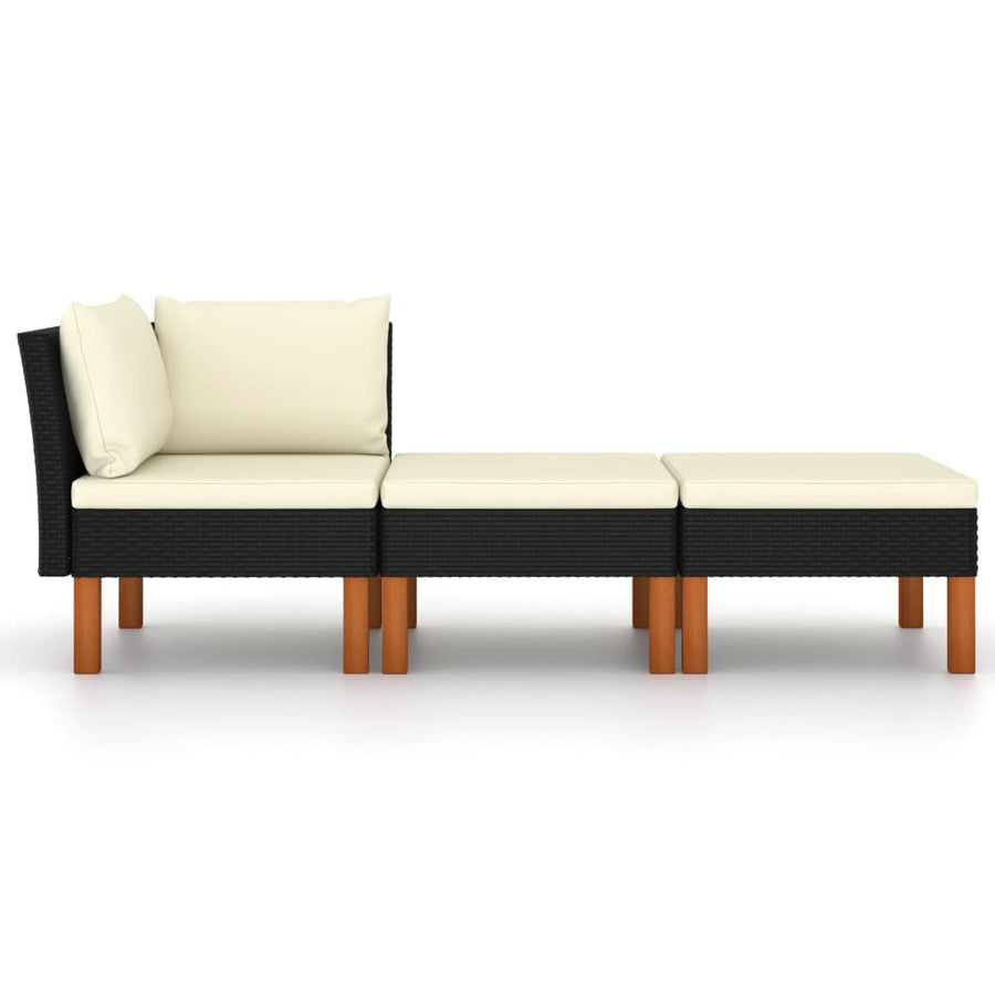 3-Delige Loungeset Poly Rattan En Massief Eucalyptushout Zwart Hoekbank + voetensteun (2 st)