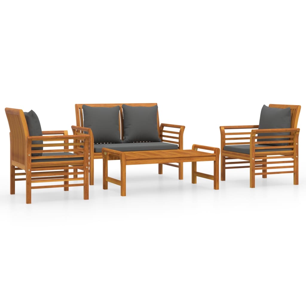 4-Delige Loungeset Met Kussens Massief Acaciahout Donkergrijs Tweezitsbank + 2x Fauteuil + Tafel