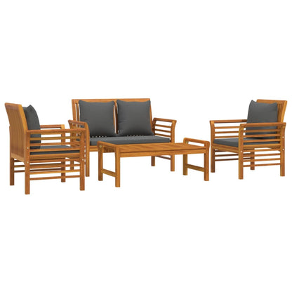 4-Delige Loungeset Met Kussens Massief Acaciahout Donkergrijs Tweezitsbank + 2x Fauteuil + Tafel