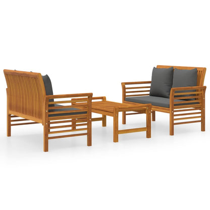3-Delige Loungeset Met Kussens Massief Acaciahout Donkergrijs 2x Tweezitsbank + Tafel