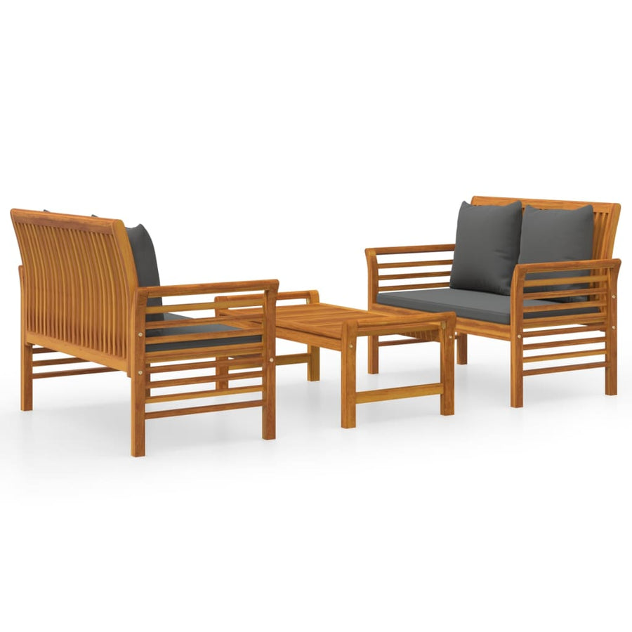 3-Delige Loungeset Met Kussens Massief Acaciahout Donkergrijs 2x Tweezitsbank + Tafel