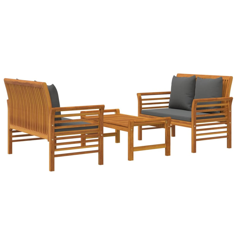 3-Delige Loungeset Met Kussens Massief Acaciahout Donkergrijs 2x Tweezitsbank + Tafel